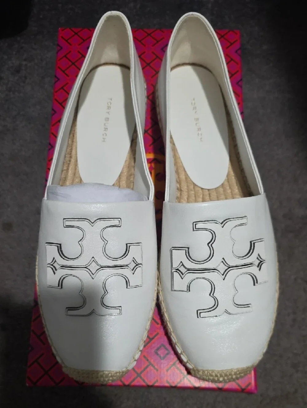 Ines Tory Burch White Leather Logo Espadrille Slip-On Flats